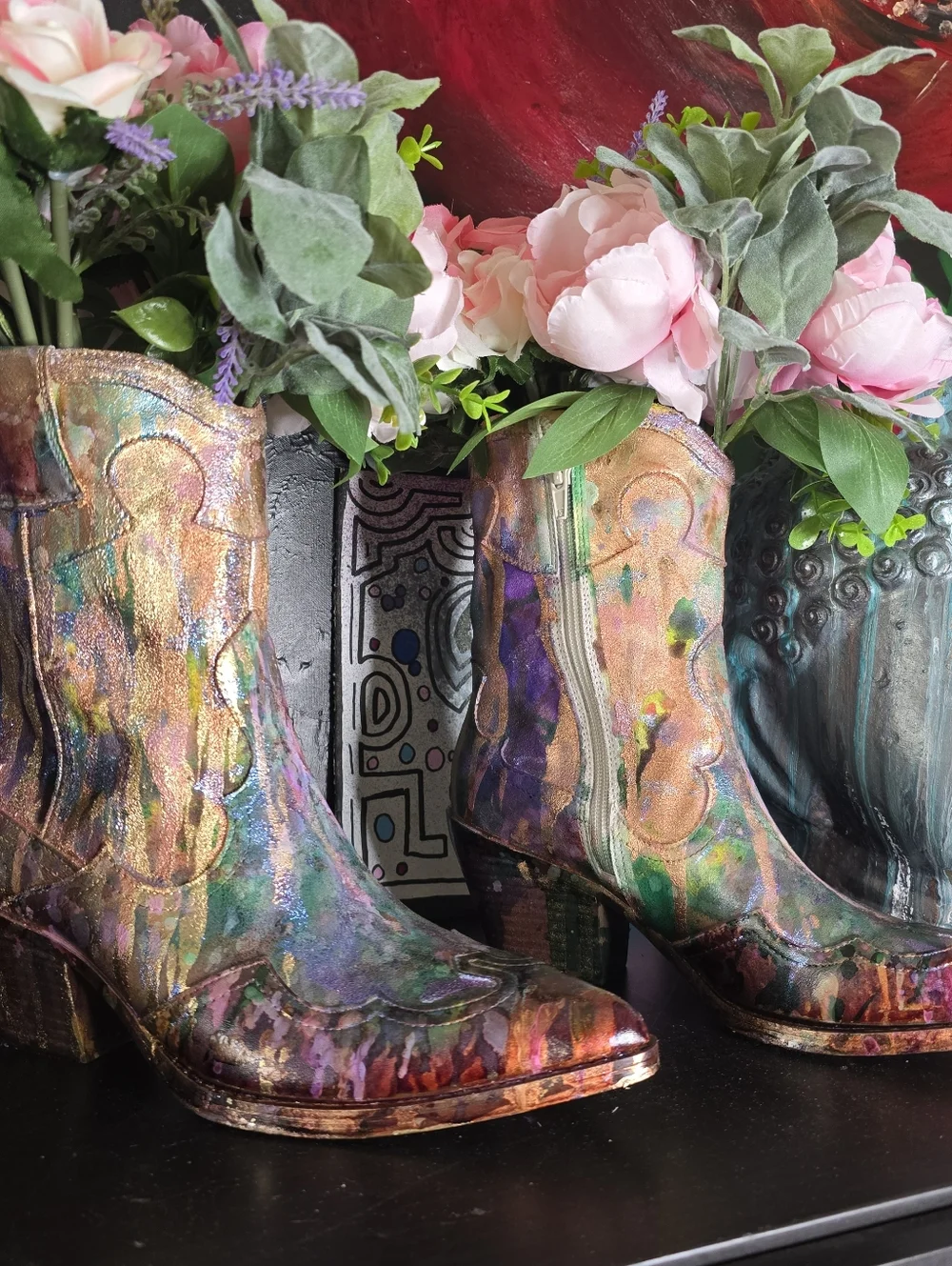 2 HANDCRAFTED Upcycled Cowgirl Boot Vases HANDPAINTED Country Tabletop Art Decor